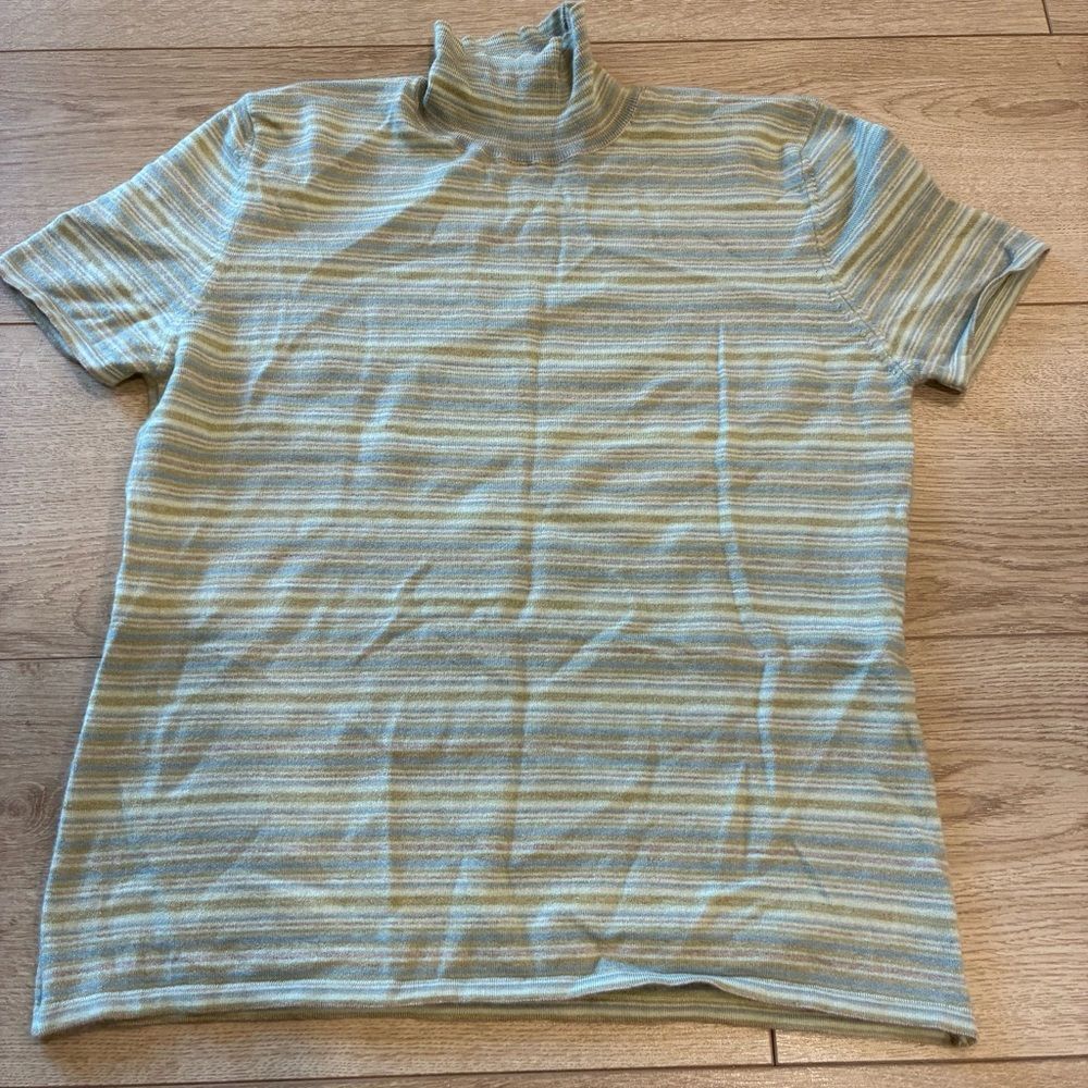 Akris Women’s Green Blue Striped Short Sleeve Cashmere Silk Sweater Size 10